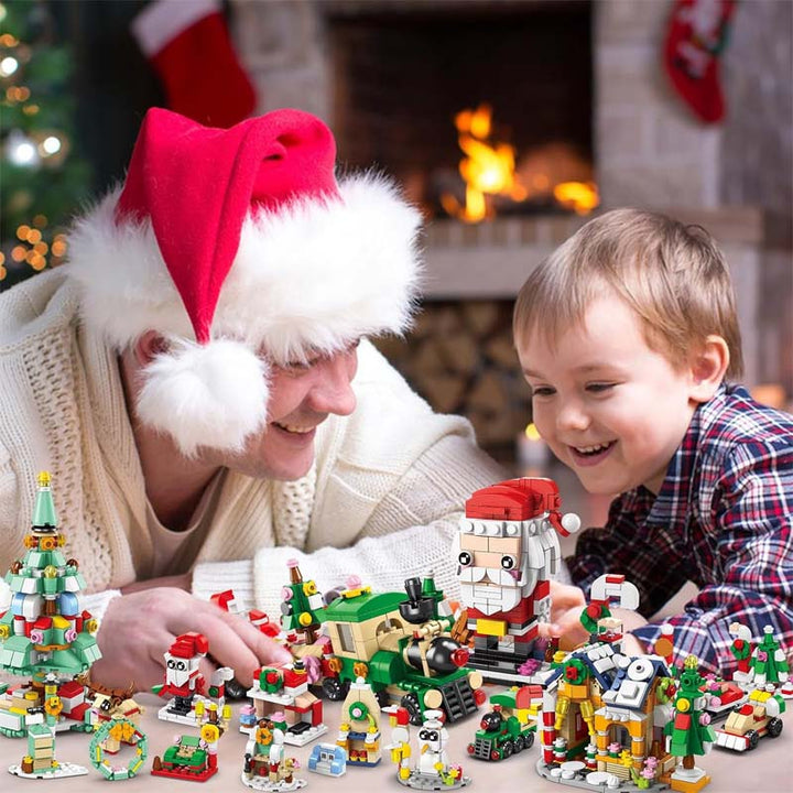 Christmas toy construction set packaging with holiday design