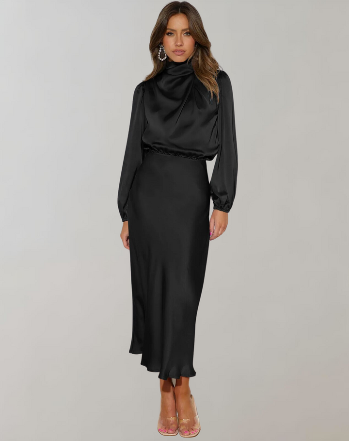 Elegant satin evening dress worn by model, showcasing midi length