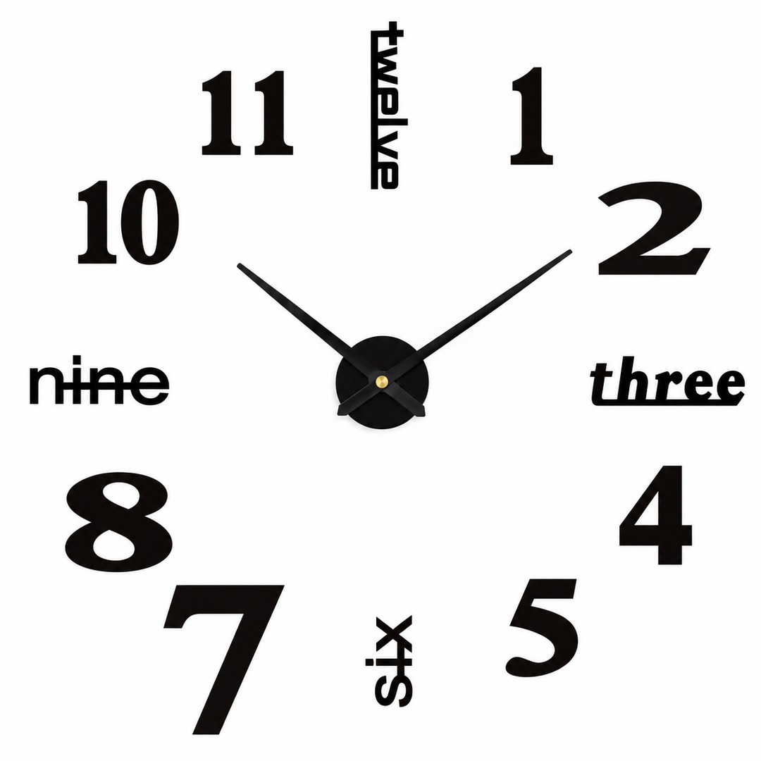 Studio product view of the black 3D DIY wall clock design elements