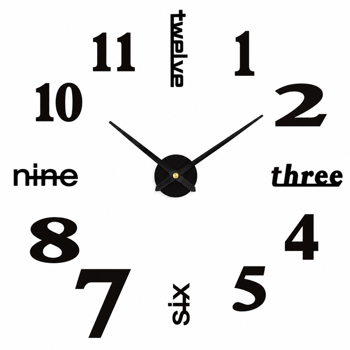 Studio product view of the black 3D DIY wall clock design elements