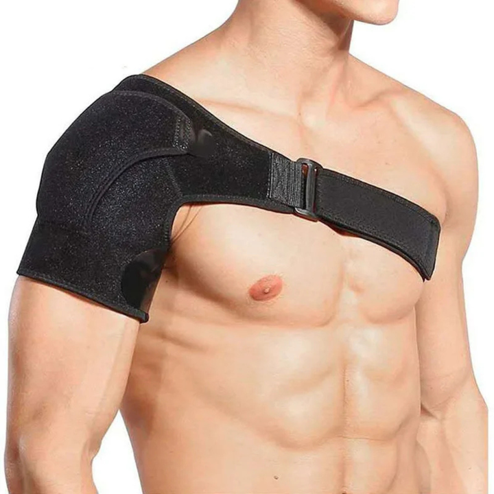Close-up of black shoulder compression wrap showing ergonomic strap design