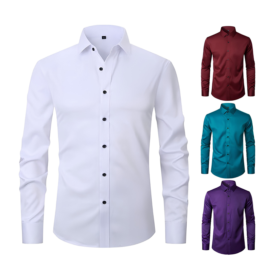 Display of men's casual work shirts in various vibrant color options