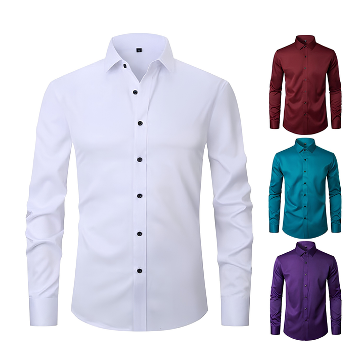 Display of men's casual work shirts in various vibrant color options