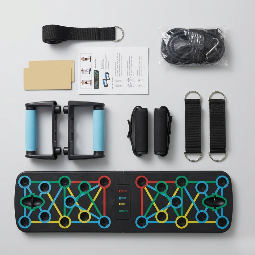 Flat lay view of the foldable push-up board, detachable resistance bands, and ergonomic handles.