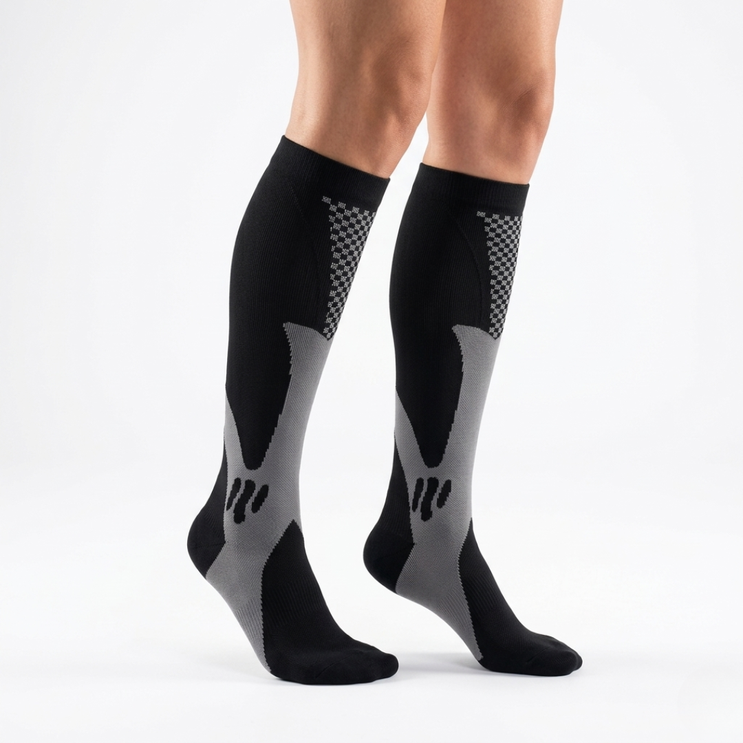 Side profile of model wearing black athletic compression socks