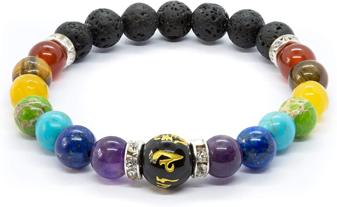 Close-up view of the chakra healing crystal bracelet featuring multicolored gemstone beads and dark textured stones