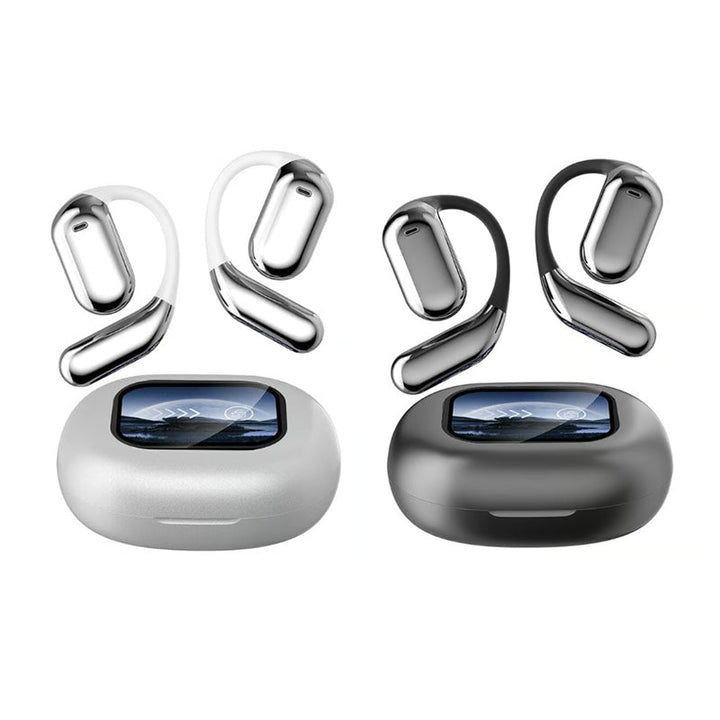 Wireless earbuds and touchscreen charging case on clean surface