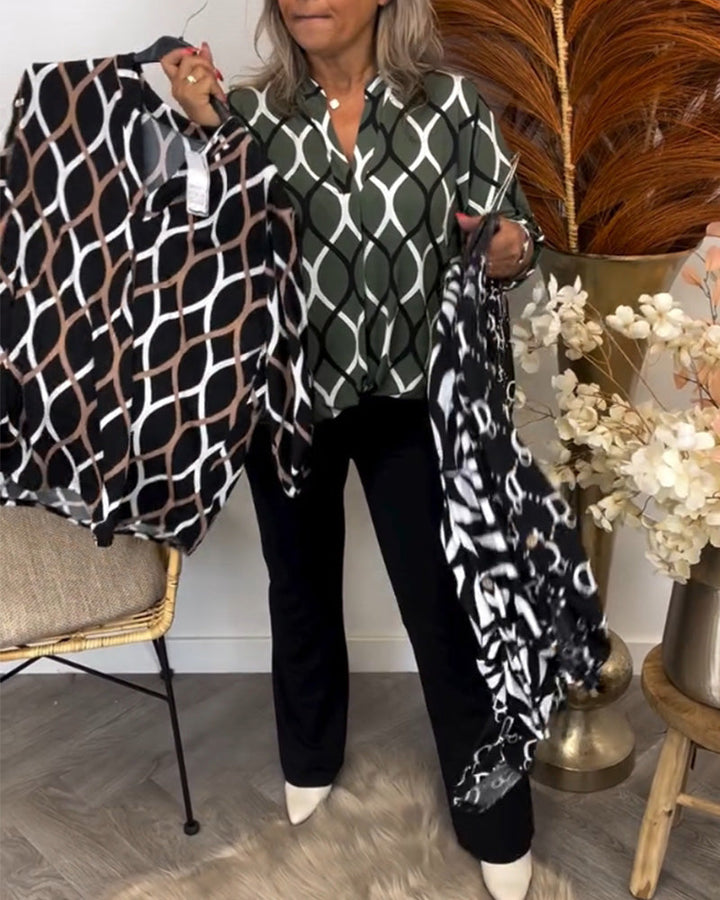 Women's casual long-sleeve printed blouse in green with geometric pattern