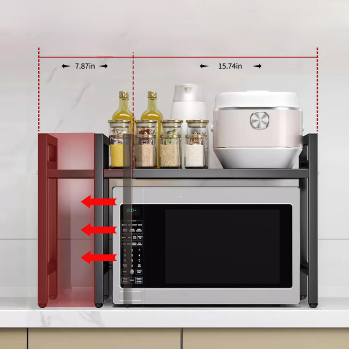 Metal kitchen counter organizer and expandable shelf for camping cookware and appliances