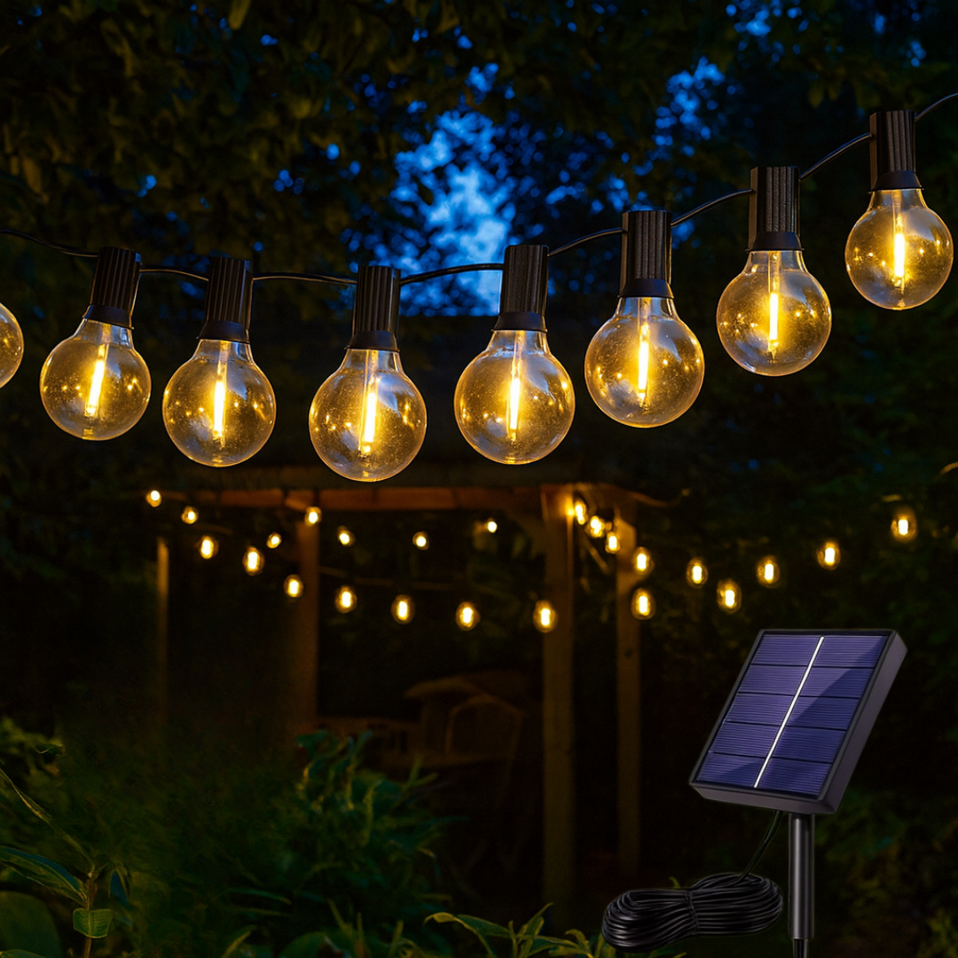 SolaraGlow outdoor patio orb string lights illuminated at night with solar panel