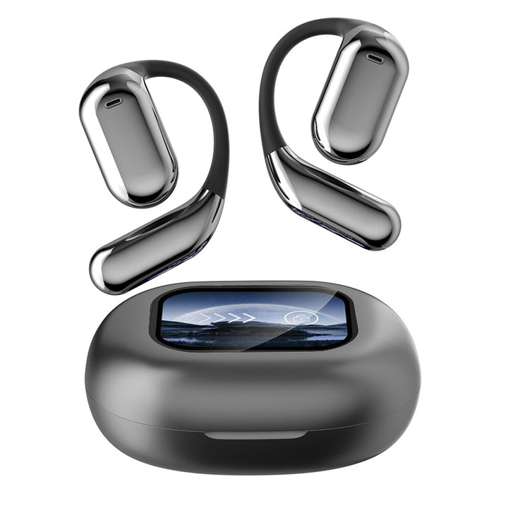 Side angle of black wireless earbuds with metallic silver accents