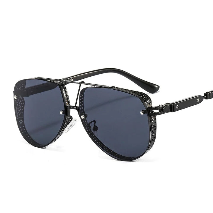 Women's black frame designer-style metal sunglasses closeup view
