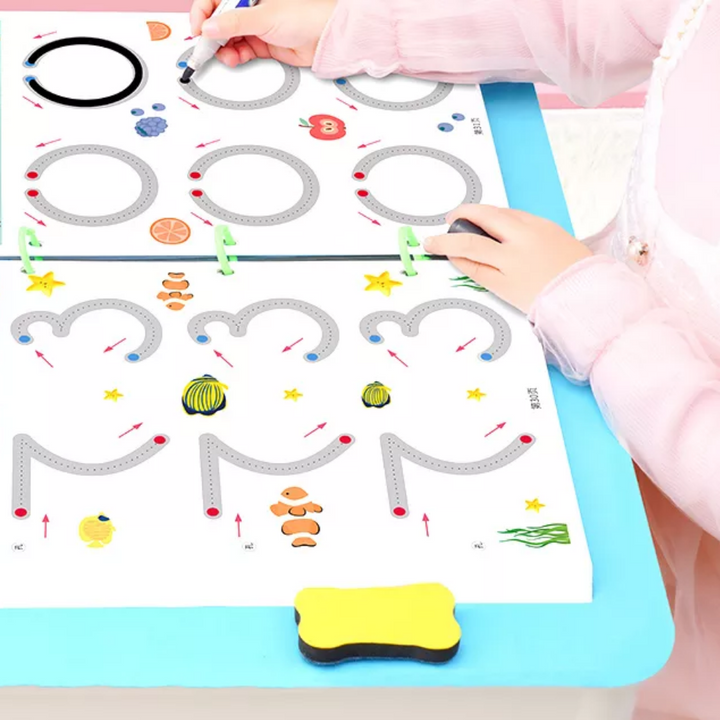 Reusable workbook for kids featuring interactive drawing and fine motor skill tasks