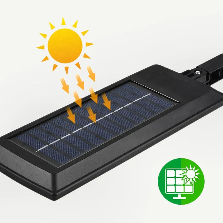 Close-up of the wireless LED motion lamp showing the sensitive motion sensor and solar panel.