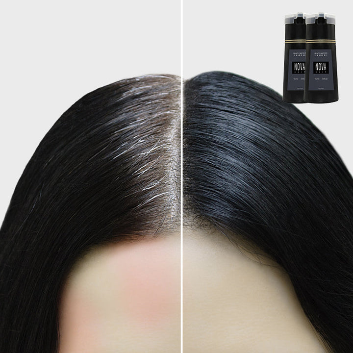 Side view of quick grey coverage hair dye shampoo bottle packaging
