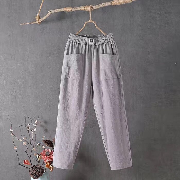 Back view of comfortable relaxed fit trousers for women with elastic waistband