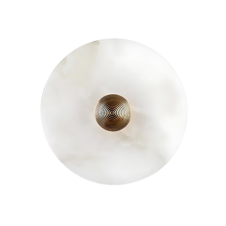 Front view of the round alabaster wall lamp featuring a centered brushed metallic fixture.