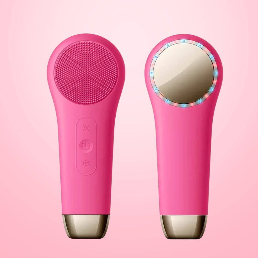 Pink GlowEssence 3-in-1 facial cleansing brush front and back view