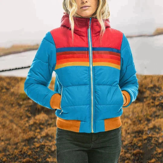 Woman wearing Luminous Blue retro stripe puffer winter jacket