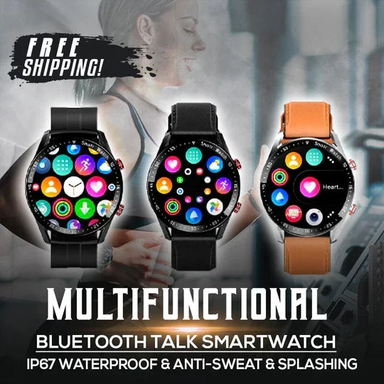 Three smartwatches featuring black rubber, black steel, and orange leather straps
