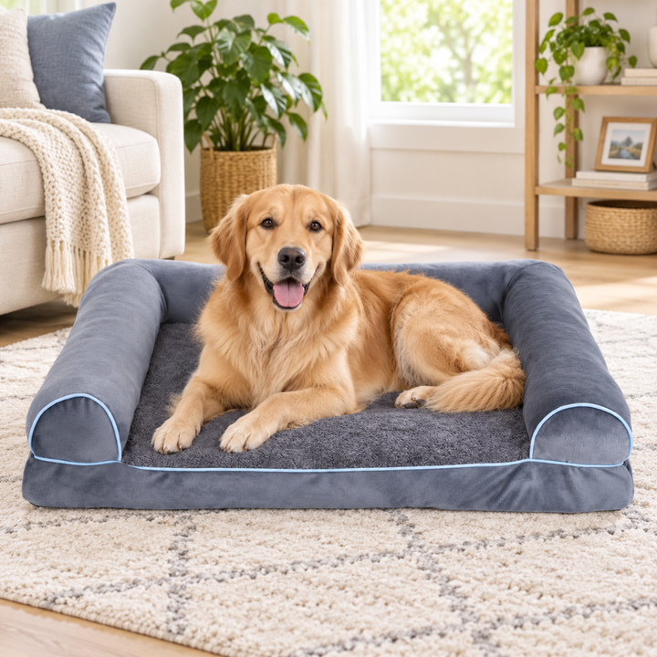 Golden Retriever relaxing comfortably on a grey orthopedic couch-style dog bed