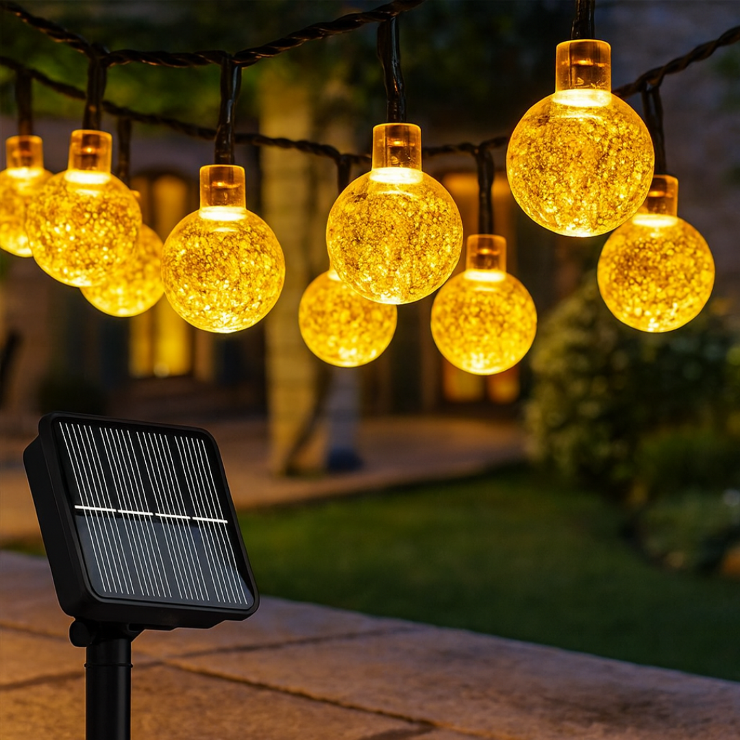 Warm glowing crystal globe string lights hung outdoors with solar panel