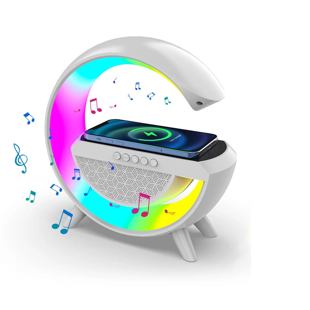 GlowHub wireless charging speaker in white with colorful ambient lighting