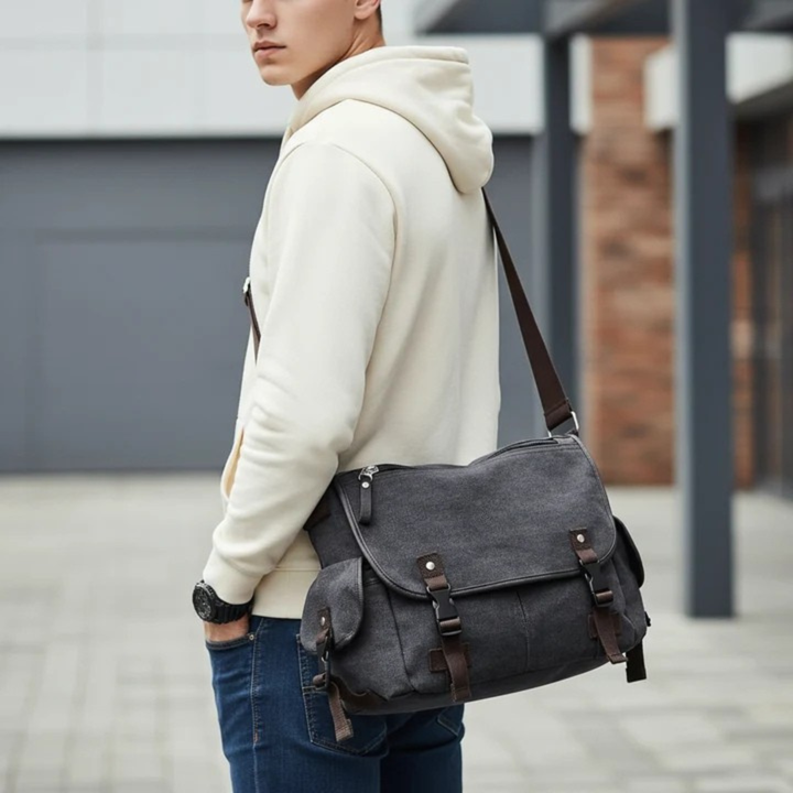 Man wearing a dark grey retro canvas messenger bag across his shoulder outdoors