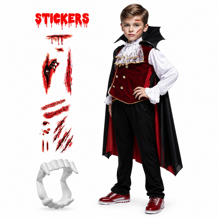 Young boy modeling a vampire costume set with fake teeth and wound stickers