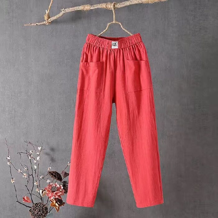 Side view of women's summer casual pants featuring deep pockets