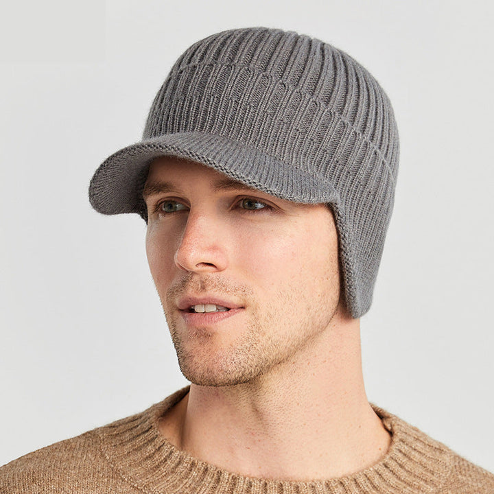Detail view of winter beanie fitted on model