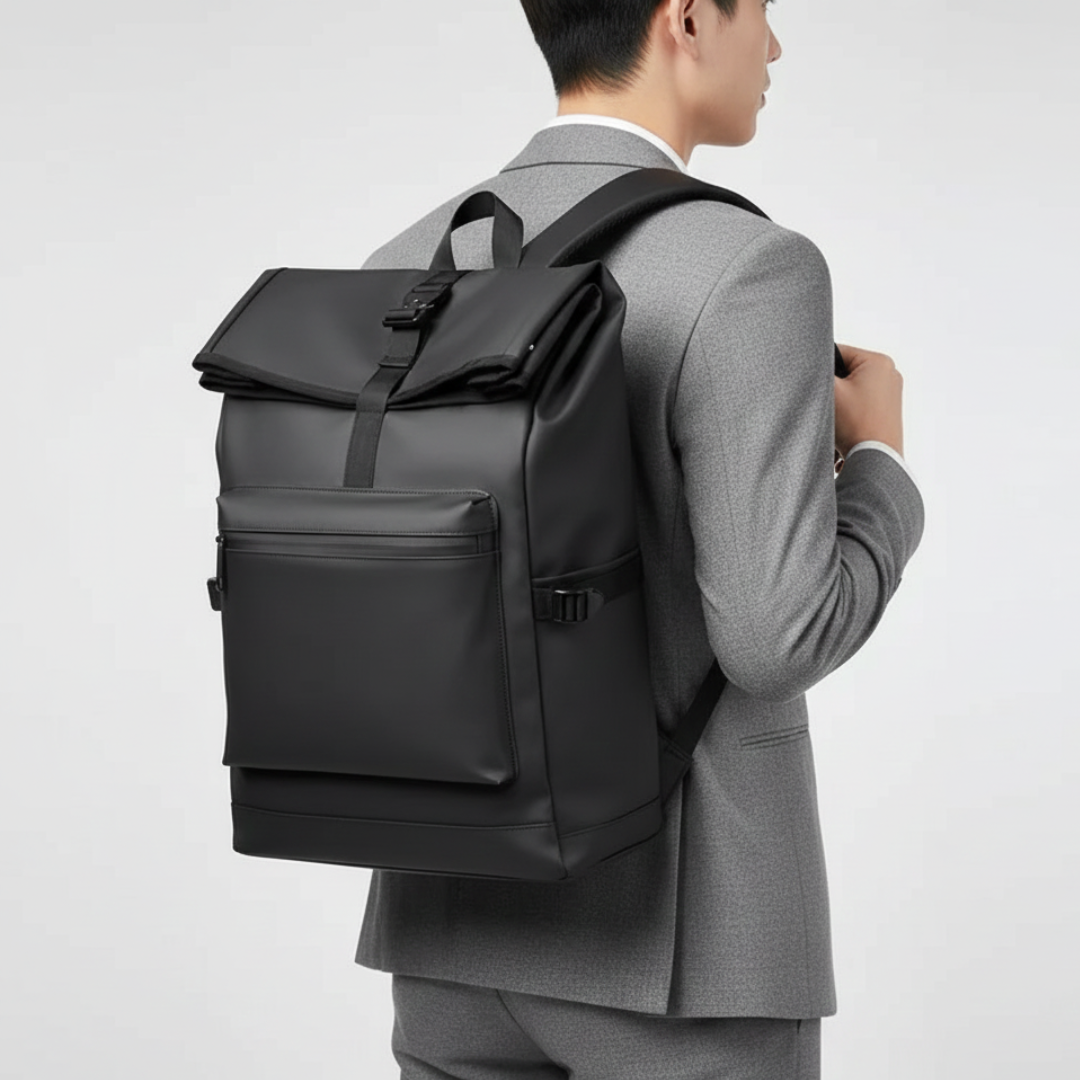 Minimalist roll-top backpack resting on a wooden surface showing clean lines
