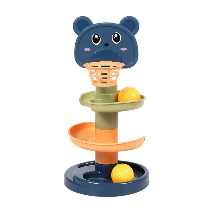 Montessori toy action shot with toddler playing with the ball drop tower