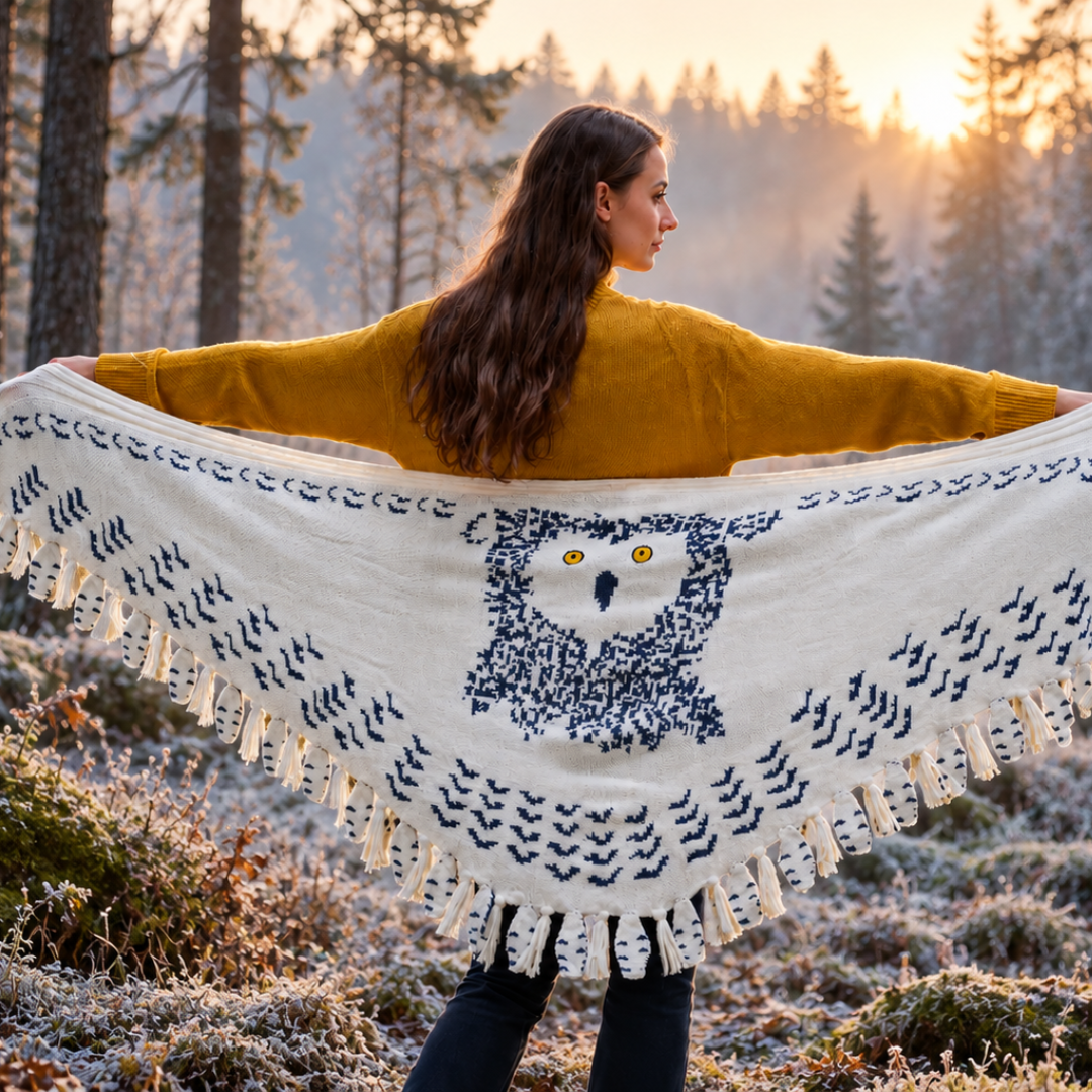 Woman outdoors wearing the owl knitted shawl wrap with wings spread