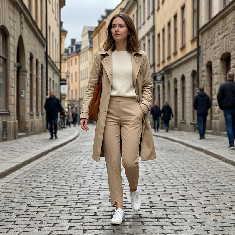 Woman wearing khaki fitted high-waisted ankle trousers walking down a European cobblestone street