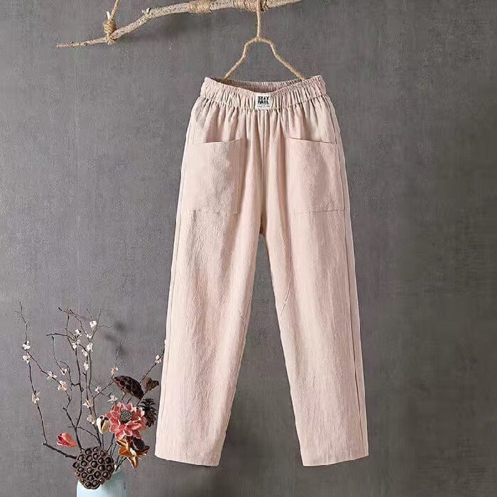 Close-up of soft breathable fabric and stretch waistband on casual trousers