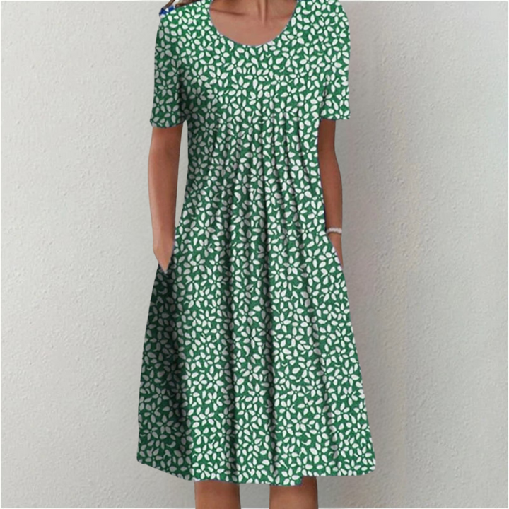 Womens floral midi dress styled with short sleeves for effortless warm-weather looks.