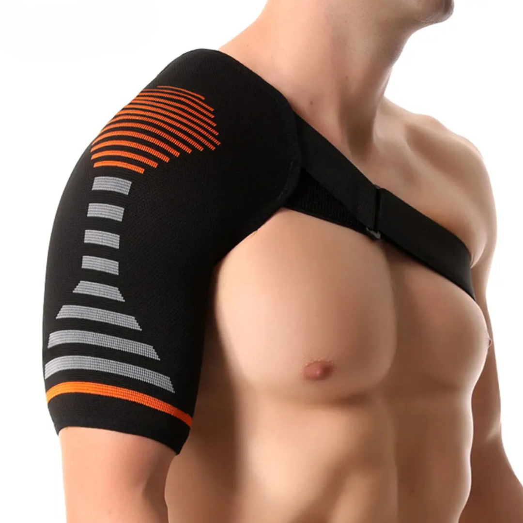 Athletic recovery gear shoulder support brace laid flat on a surface