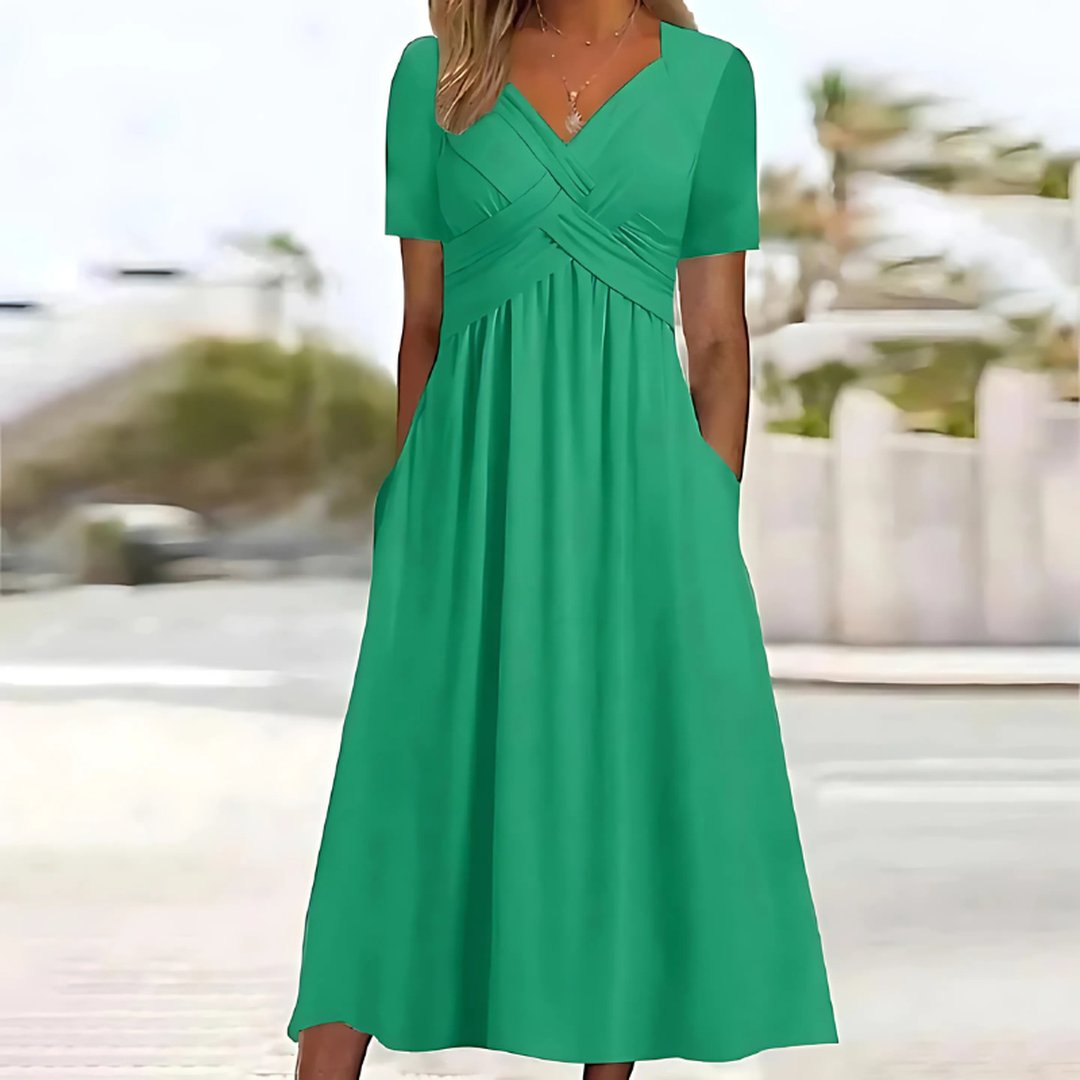 Women's elegant V-neck midi dress with tummy control in solid color, front view