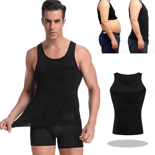 Side view of mens black compression undershirt body shaper