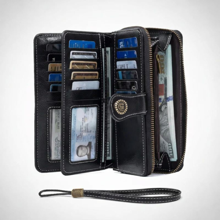 Unisex black long zip around wallet with secure wrist strap and RFID blocking