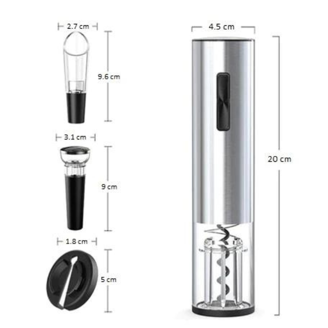 Product dimensions diagram showing measurements for the opener and accessories