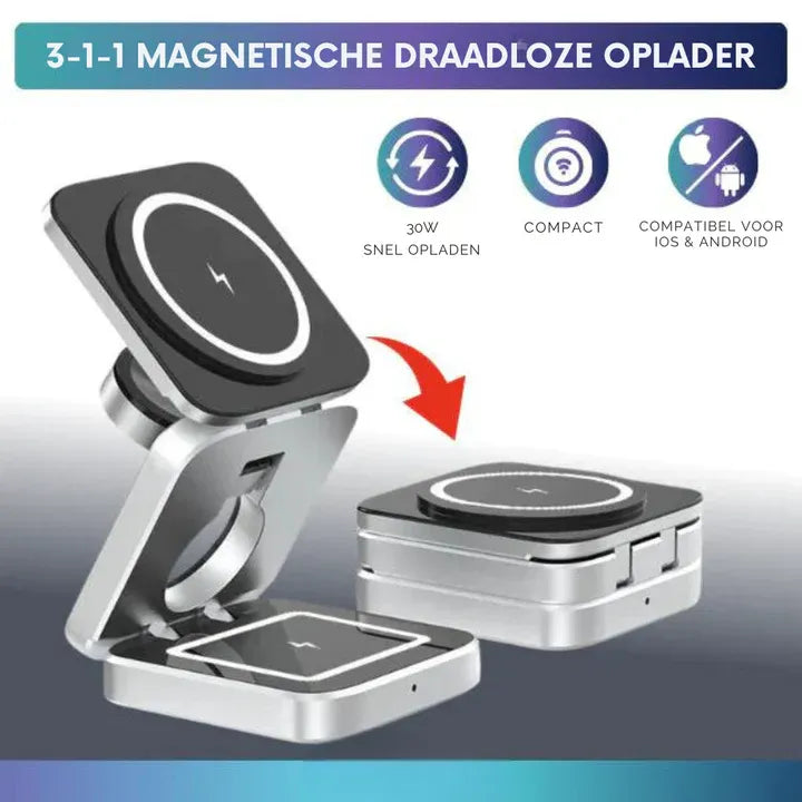 Qi certified 3-in-1 charger powering multiple devices simultaneously on a modern wooden desk