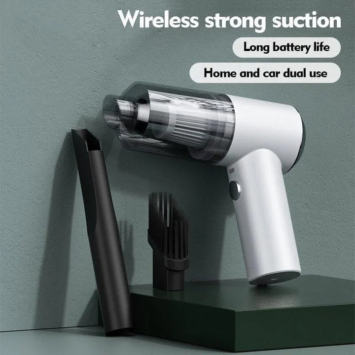 White cordless handheld vacuum cleaner with attachments on display