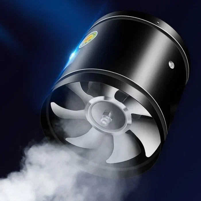 WhisperFlow black extractor fan showing internal blades and motor housing