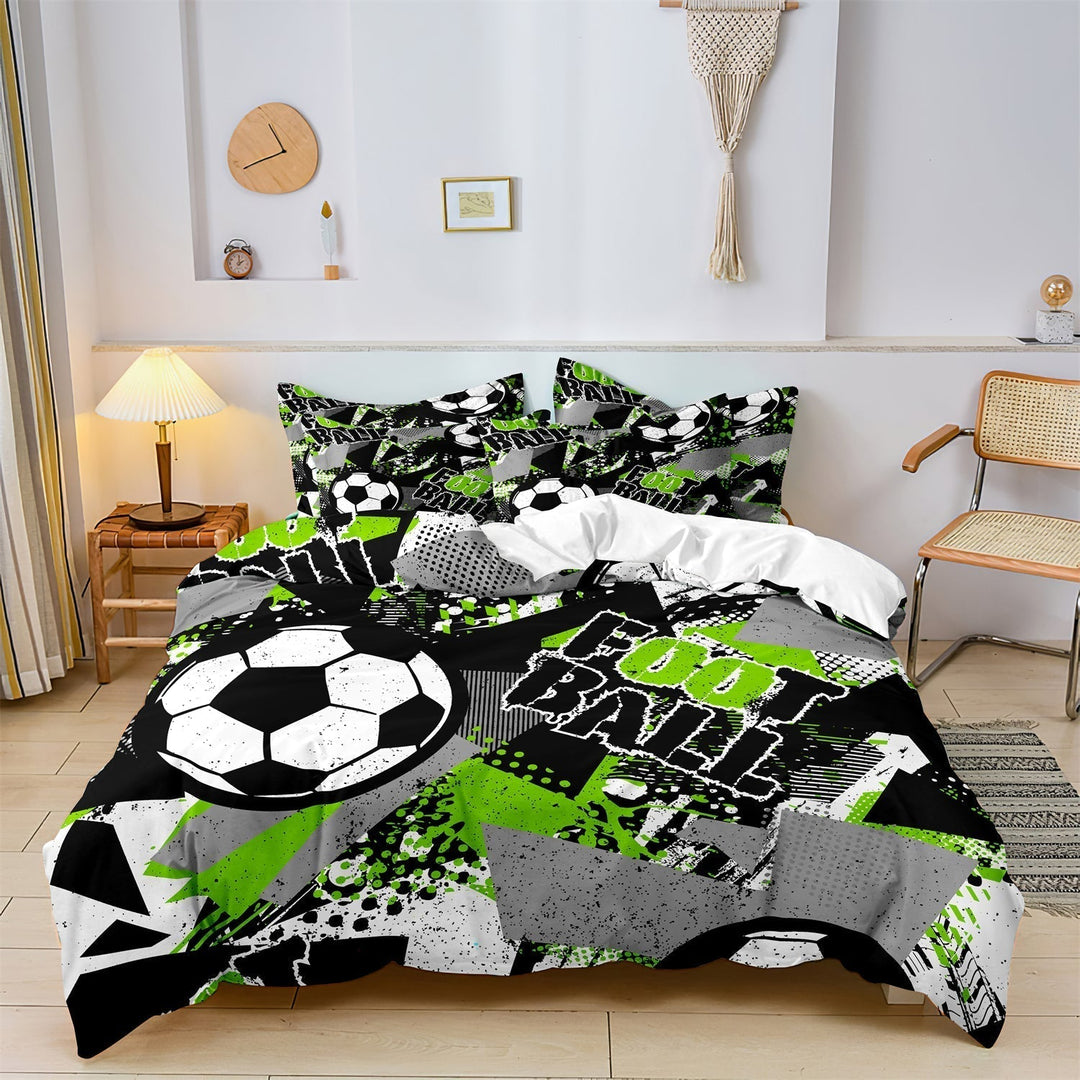 Kids football duvet cover set displayed on a bed in a modern bedroom