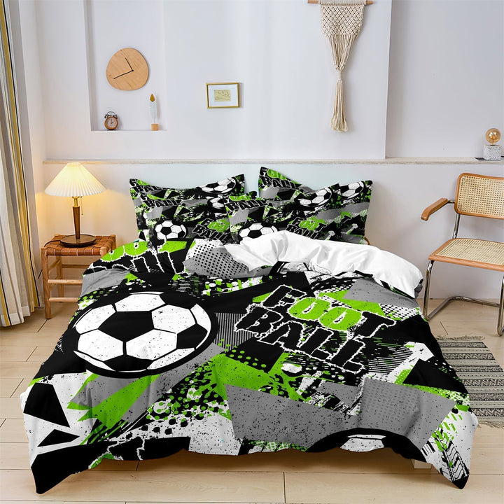 Kids football duvet cover set displayed on a bed in a modern bedroom