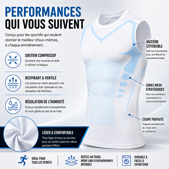 Fitness apparel shaping vest showing breathable fabric texture and elasticity