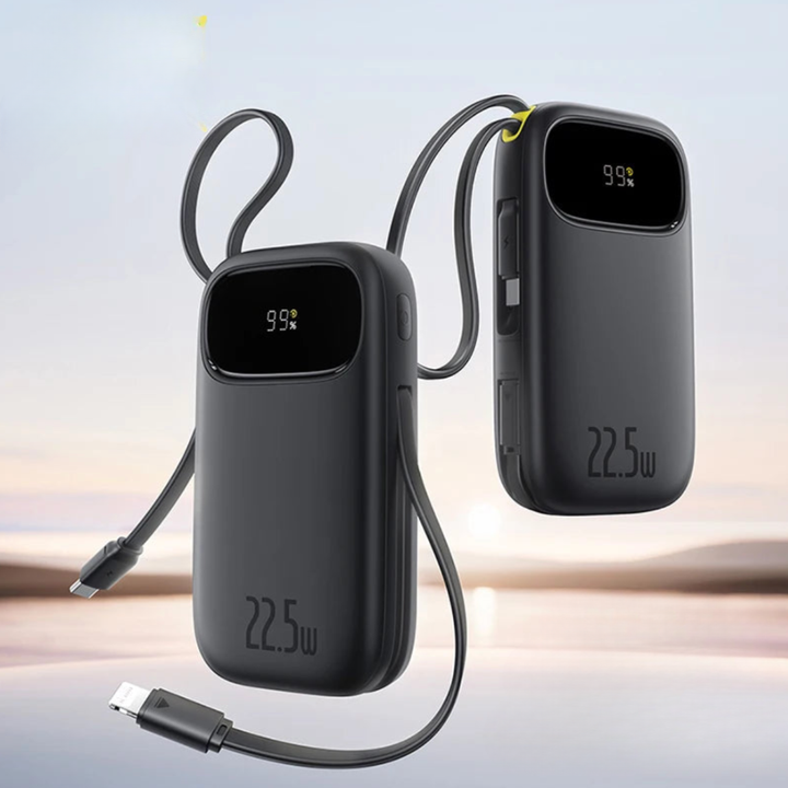 Slim external power bank slipped easily inside a travel backpack pocket