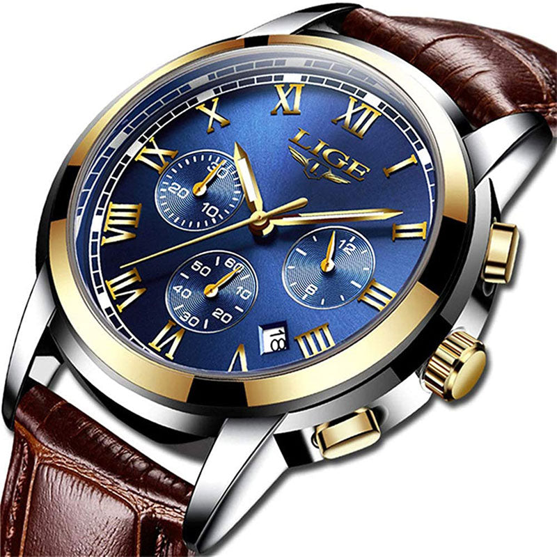 Men's luxury quartz wristwatch with blue dial and brown strap
